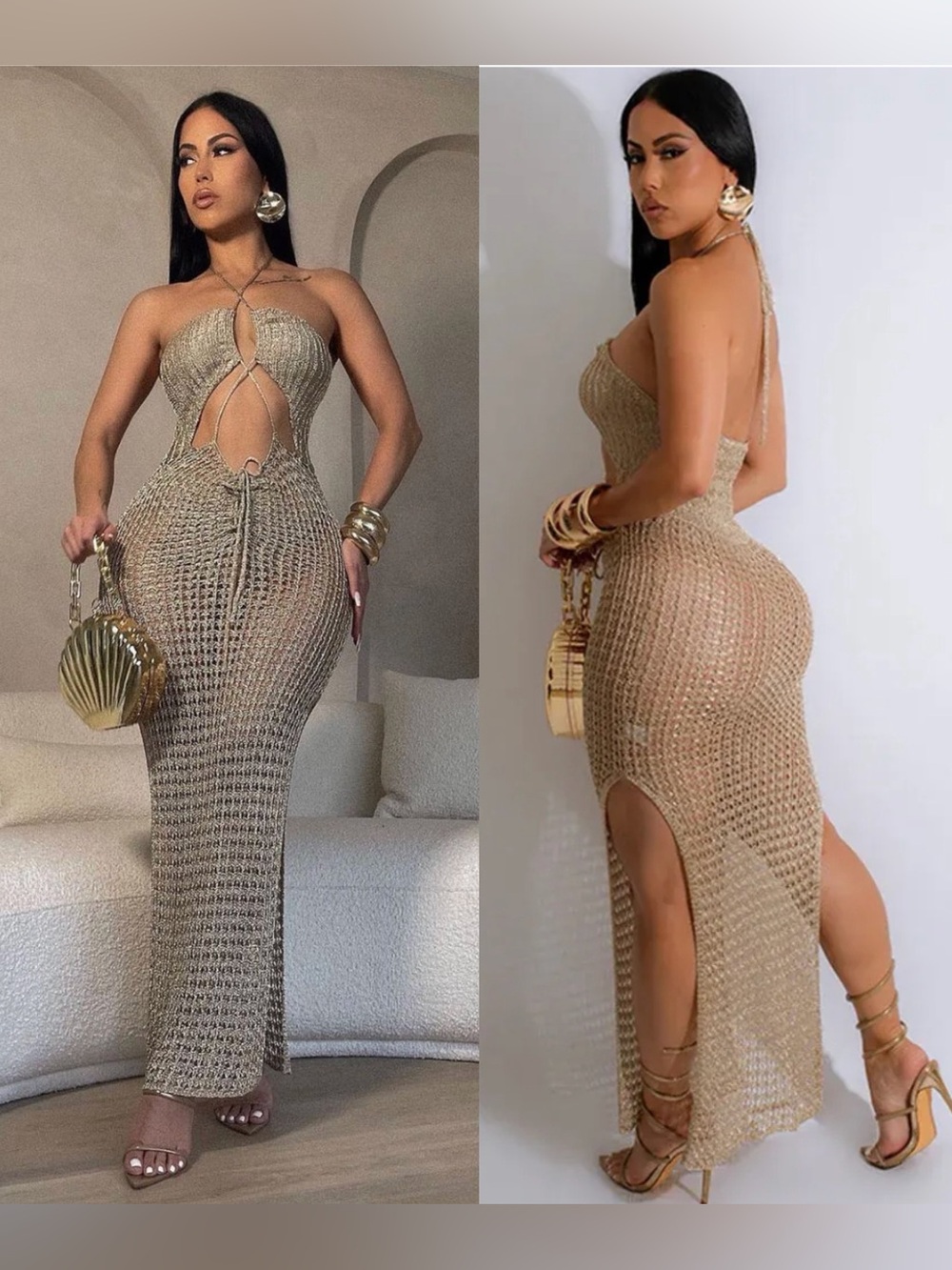 Diva Boutique | Gold Crochet Halter Maxi Dress with Side Slits | NWOT | M
